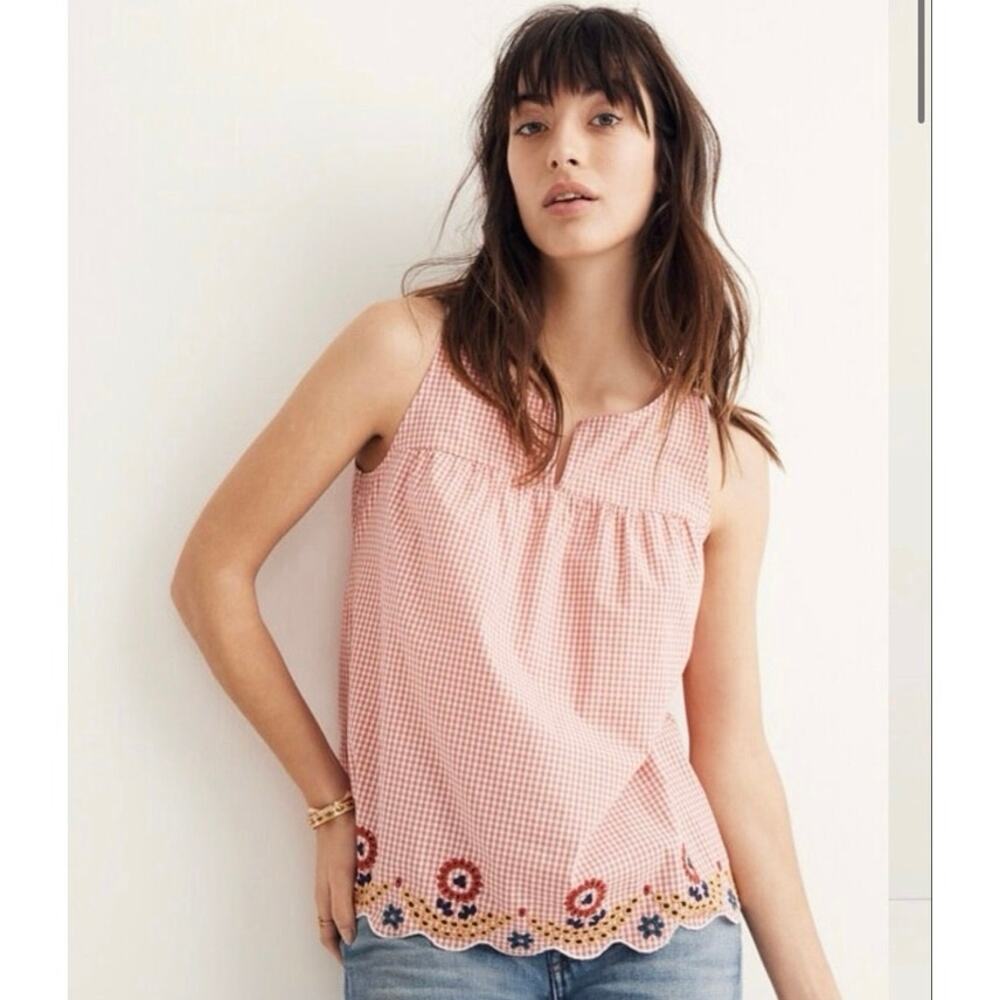 Madewell Floral Embroidered Coral Orange Gingham Sleeveless Tank Top Size XS